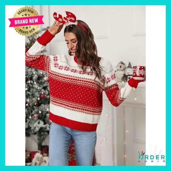 Festive Fair Isle Pullover Cozy Ribbed Knit Crewneck Holiday Sweater